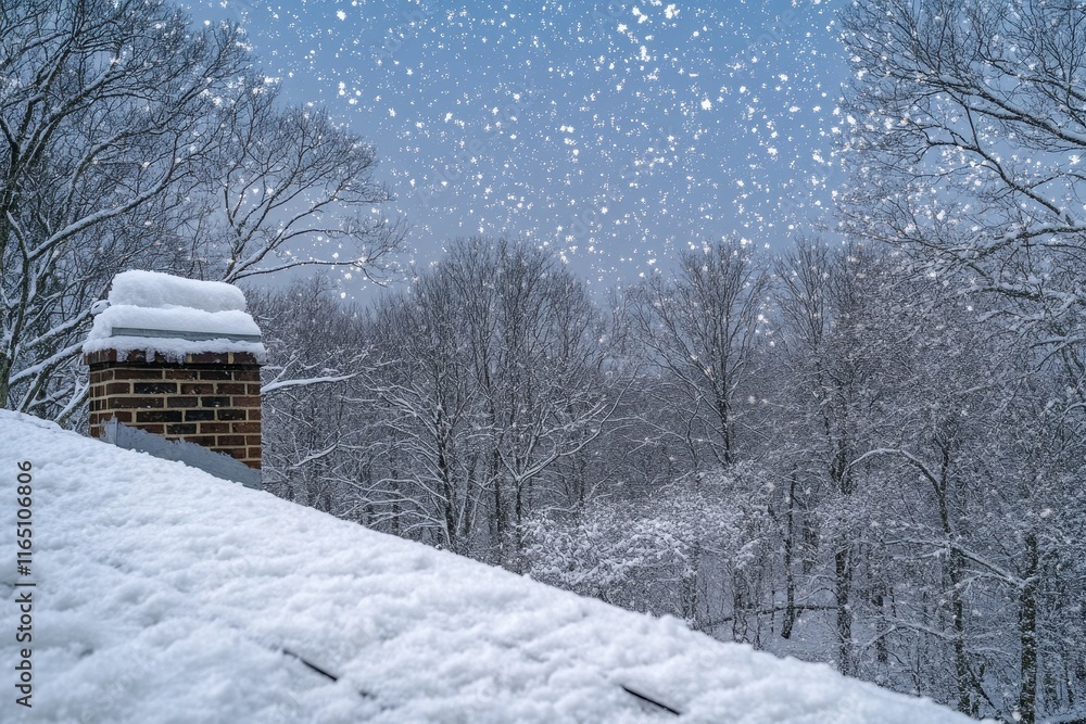 Naklejka premium Snowfall Blankets the Landscape While Winter Settles in a Quiet Wooded Area