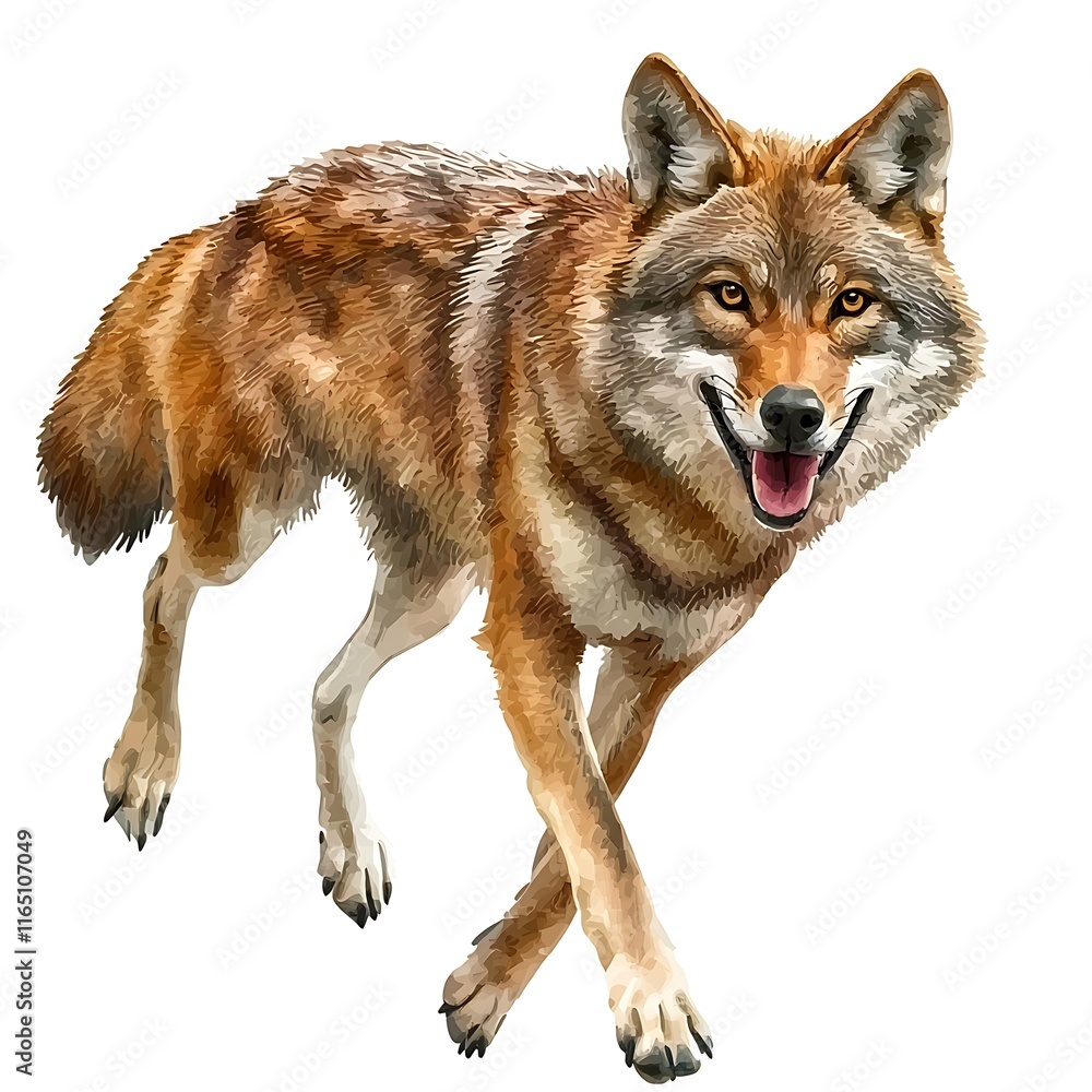 Fototapeta premium A Vibrant Painting of a Red Wolf Walking, Isolated on White.