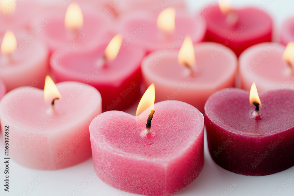 Burning paraffin candles in the shape of hearts. Romantic pink and red candles for Valentine's Day. Date. Burning paraffin candles in the shape of hearts. Romantic pink and red candles for Valentine's Day. Date.
