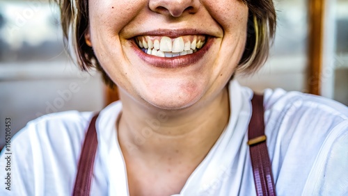 Close-up of a person's bright, genuine smile, showcasing healthy teeth and joyful expression. The image evokes feelings of happiness and positivity. photo