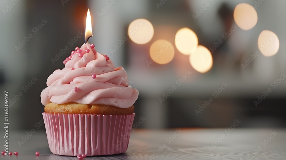 A celebration cupcake with a light pink origin pink fondant icing and a burning candle A celebration cupcake with a light pink origin pink fondant icing and a burning candle