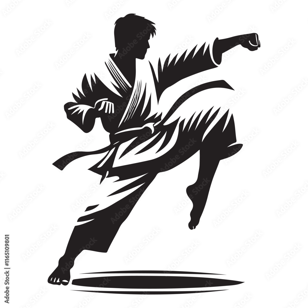 Karate Silhouette Vector Illustration, Solid White Background. Karate Silhouette Vector Illustration, Solid White Background.