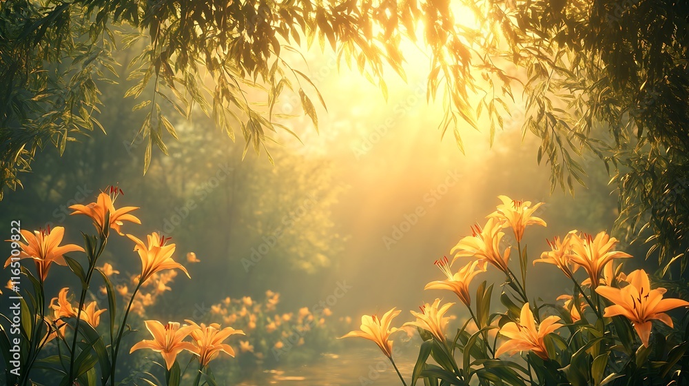 Evergreen branches glowing under golden hour sunlight, with sprouting lilies in the foreground, soft shadows creating depth, detailed textures of leaves and blossoms, Evergreen branches glowing under golden hour sunlight, with sprouting lilies in the foreground, soft shadows creating depth, detailed textures of leaves and blossoms,