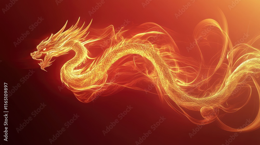 Obraz premium Dragon silhouette formed with dynamic golden flames over a deep red abstract gradient.