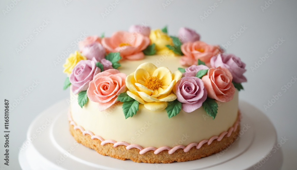 Elegant floral cake decorated with pastel roses and leaves on white background Elegant floral cake decorated with pastel roses and leaves on white background