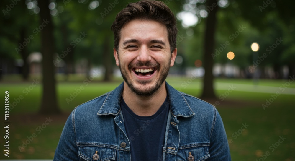 Smiling young man in denim jacket enjoying a day at the park Smiling young man in denim jacket enjoying a day at the park