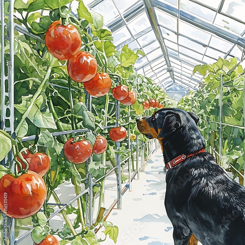 A Rottweiler Dog Admiring Ripe Tomatoes Growing in a Greenhouse. photo