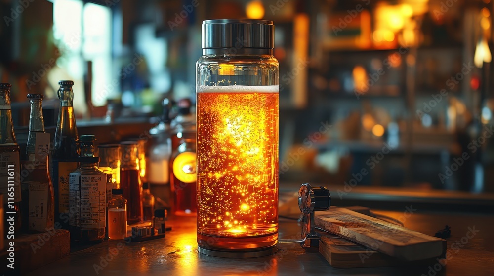A fermentation vessel glowing under soft light with delicate bubbles A fermentation vessel glowing under soft light with delicate bubbles