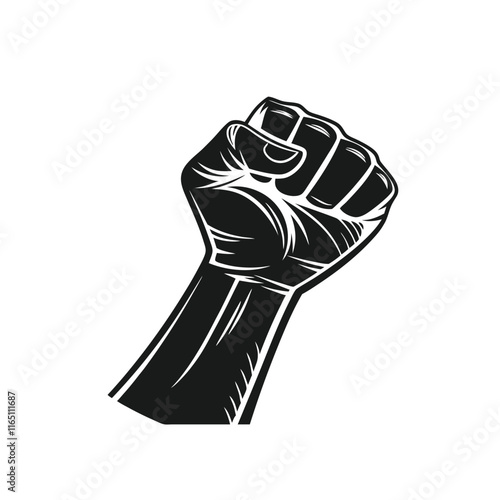 Vector illustration of the iconic protester raised fist isolated on white background - graphic style silhouette