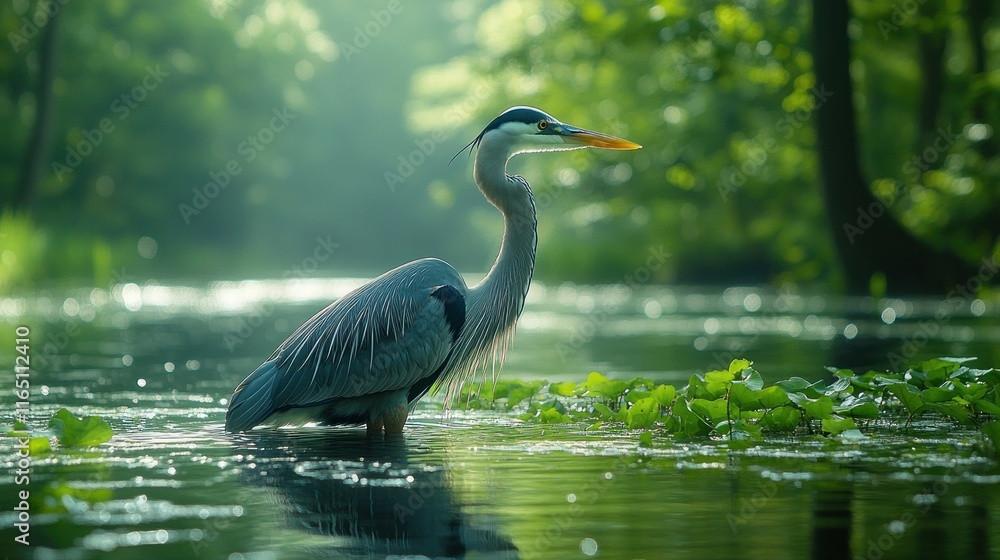 Fototapeta premium Great blue heron wading in a calm river.