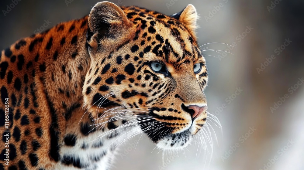 Obraz premium Close-up portrait of a majestic leopard with piercing blue eyes, showcasing its intricate spots and powerful gaze.