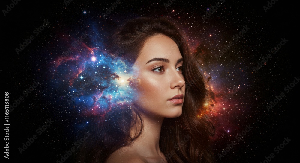 Cosmic beauty: woman merging with the universe in surreal space art Cosmic beauty: woman merging with the universe in surreal space art