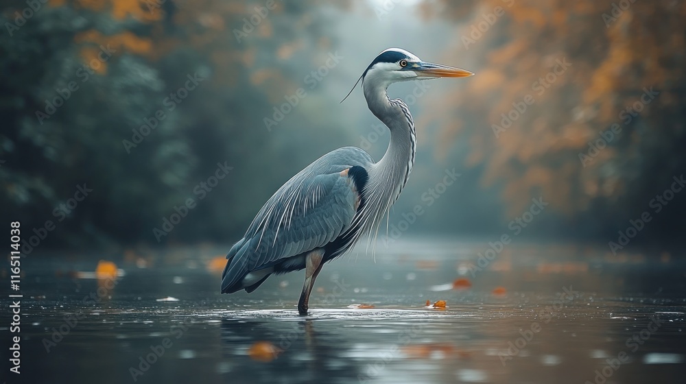 Obraz premium Great blue heron wading in autumnal water.