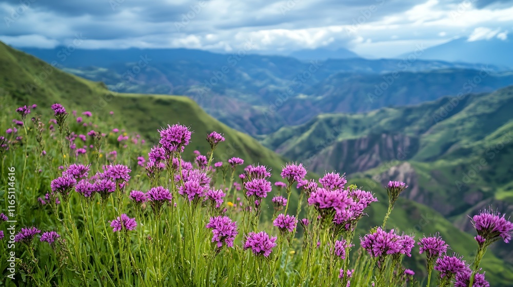 Vibrant purple wildflowers bloom in the foreground of a scenic mountain range landscape under a cloudy sky. Vibrant purple wildflowers bloom in the foreground of a scenic mountain range landscape under a cloudy sky.