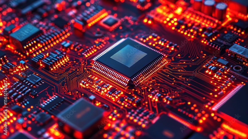 Modern Circuit Board Technology with Intricate Red Lighting Effects Modern Circuit Board Technology with Intricate Red Lighting Effects