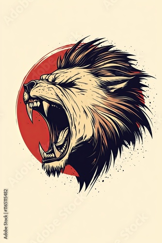 Roaring lion head profile against a red circle, stylized illustration. photo