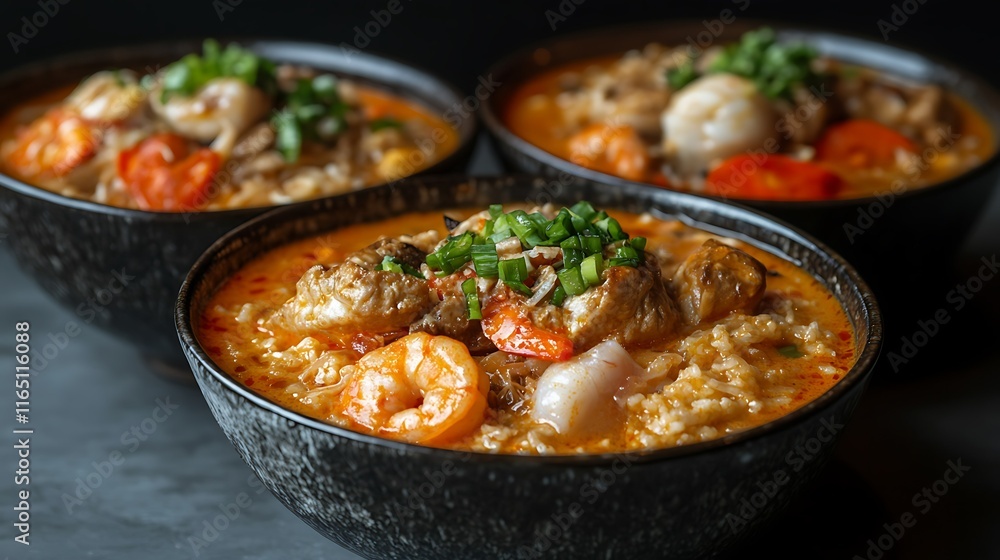 Three bowls of seafood noodle soup with shrimp, scallops, and vegetables. Three bowls of seafood noodle soup with shrimp, scallops, and vegetables.