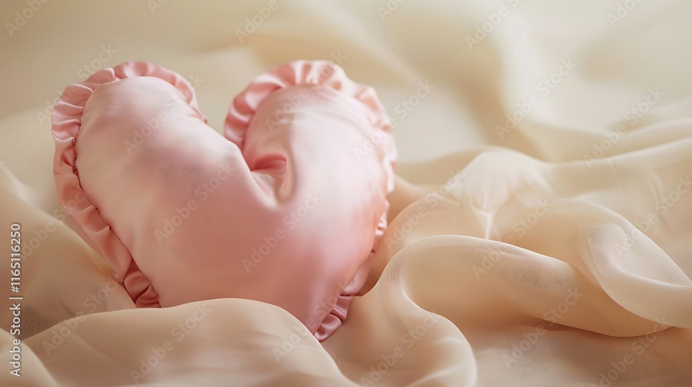 Handcrafted pink silk heart with copy space on a beige backdrop Handcrafted pink silk heart with copy space on a beige backdrop
