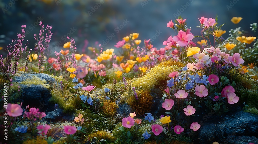 Evergreen shrubs nestled in a bed of soft moss, framed by vibrant spring wildflowers in shades of pink, yellow, and purple, warm sunlight casting gentle highlights, intricate details and vivid colors, Evergreen shrubs nestled in a bed of soft moss, framed by vibrant spring wildflowers in shades of pink, yellow, and purple, warm sunlight casting gentle highlights, intricate details and vivid colors,