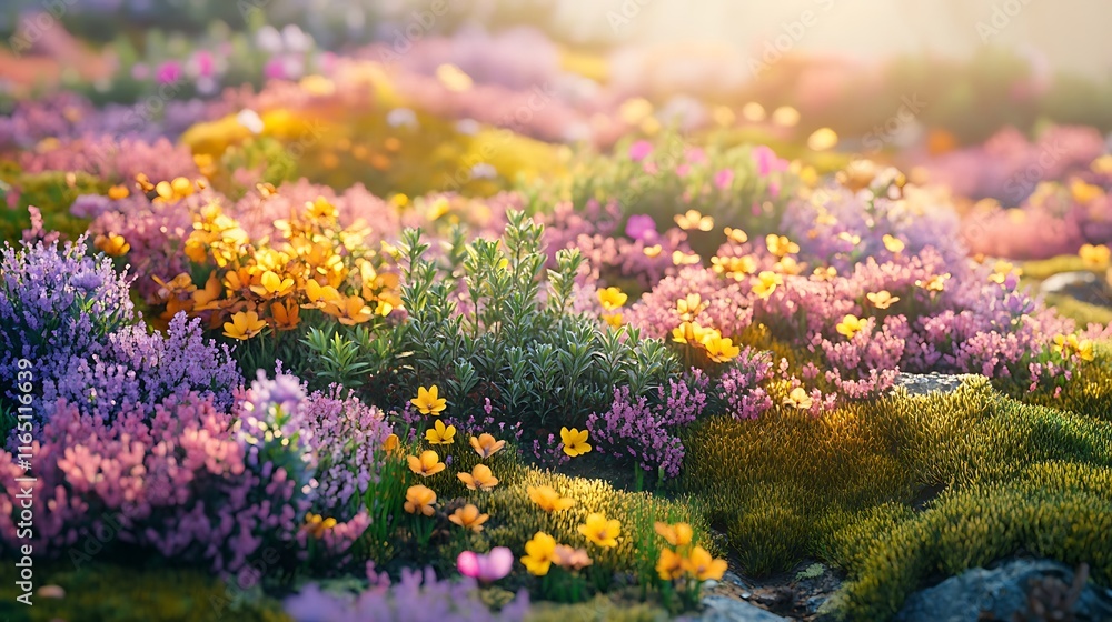 Obraz premium Evergreen shrubs nestled in a bed of soft moss, framed by vibrant spring wildflowers in shades of pink, yellow, and purple, warm sunlight casting gentle highlights, intricate details and vivid colors,