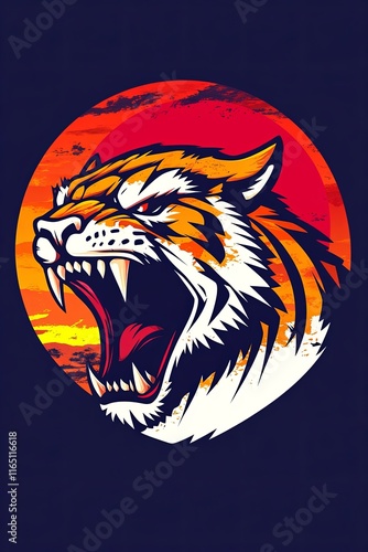 Roaring tiger head against a fiery sunset. (1) photo