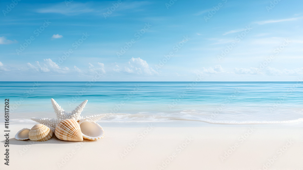Beach paradise: White shells shimmer on the golden sand, mirroring the endless blue ocean under a vibrant summer sky Beach paradise: White shells shimmer on the golden sand, mirroring the endless blue ocean under a vibrant summer sky