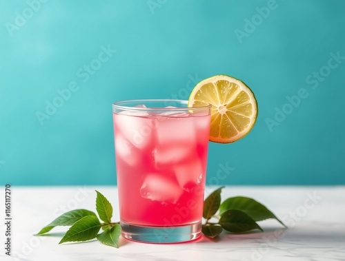 A vibrant pink lemonade glass with ice cubes and garnished with a lime slice, placed on a white table against a stylish teal background. photo