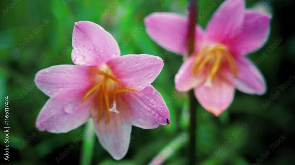 Rain-kissed orchids bloom amid lush greenery creating a tranquil atmosphere Rain-kissed orchids bloom amid lush greenery creating a tranquil atmosphere