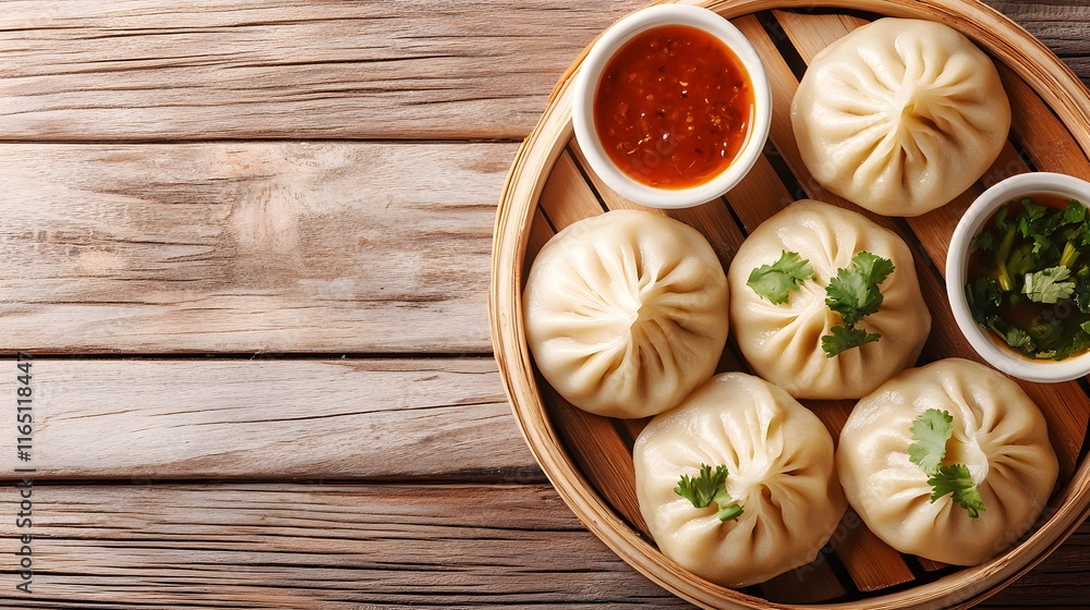 Steamed bao buns served with delicious dipping sauces Steamed bao buns served with delicious dipping sauces