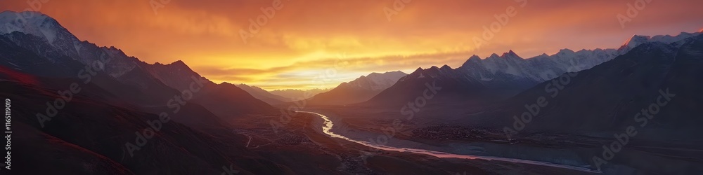 Aerial panorama of the Himalayan landscape glowing under the vibrant hues of sunset, with the Khumbu Glacier winding through the valley, in 4K resolution Aerial panorama of the Himalayan landscape glowing under the vibrant hues of sunset, with the Khumbu Glacier winding through the valley, in 4K resolution