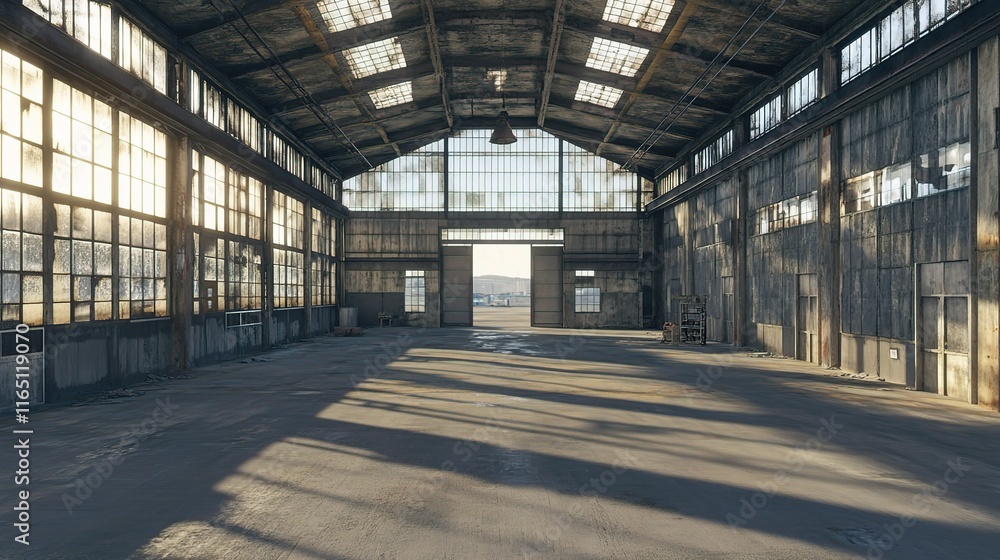 Spacious 3D Rendering of an Empty Warehouse with Large Windows Spacious 3D Rendering of an Empty Warehouse with Large Windows