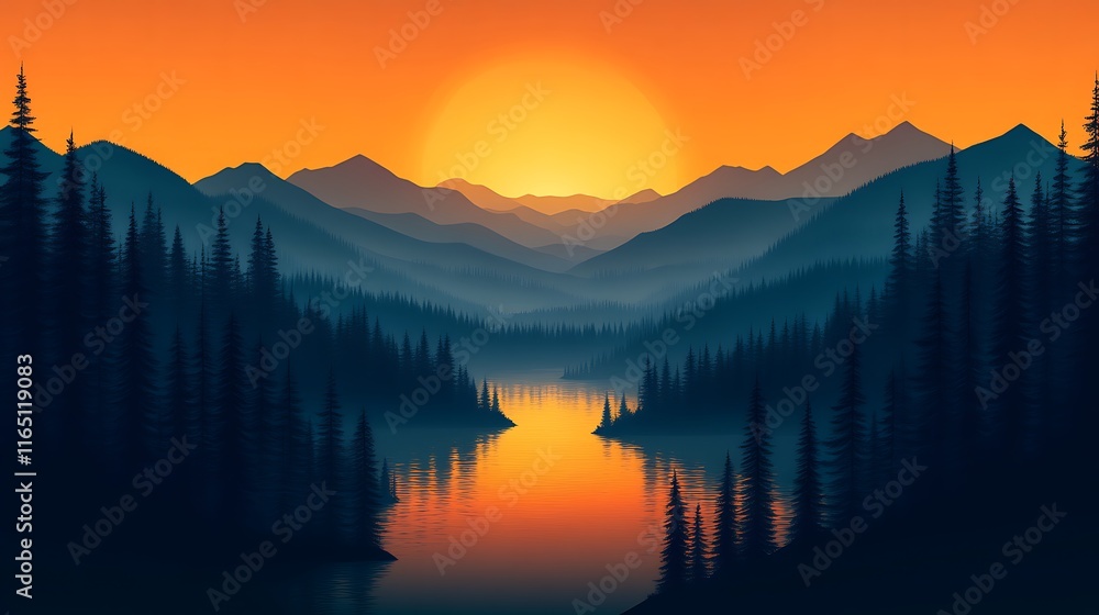 Fototapeta premium Majestic Mountain Sunset Over Serene Lake And Forest