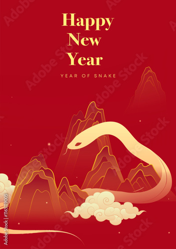 Spring Festival poster design a golden snake and moire between the mountains