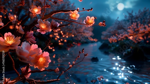 Radiant Brook Surrounded by Blossoms Under a Moonlit Sky