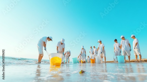 Sunrise Beach Cleanup Community Efforts in Soft Pastel Tones photo