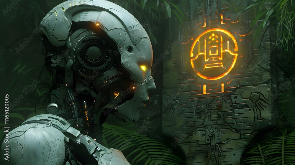 Fototapeta premium Humanoid Robot Observing Ancient Carvings with Glowing Details