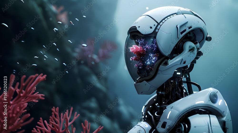 Humanoid Robot Observing Glowing Corals in a Dark Mystical Environment Humanoid Robot Observing Glowing Corals in a Dark Mystical Environment