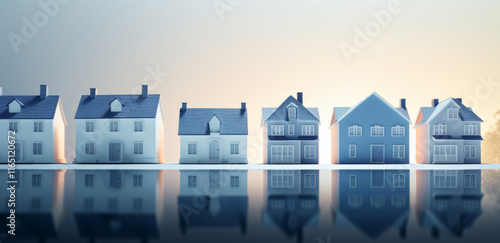 A small model of houses in blue and white colors. Real estate market growth