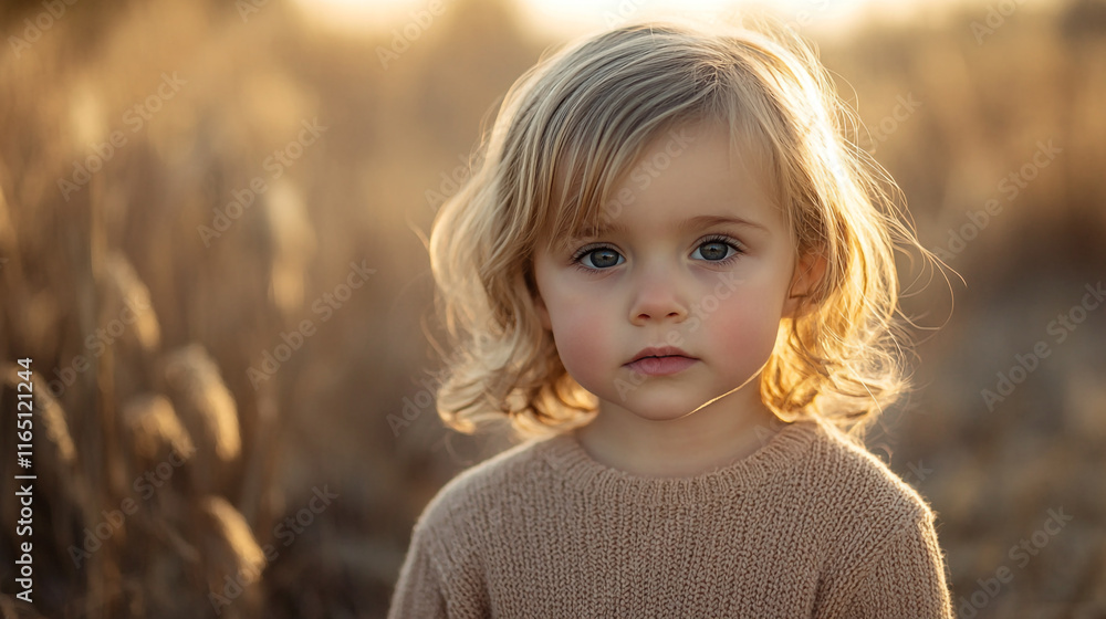 Child standing in a golden field during sunset with soft sunlight highlighting features Child standing in a golden field during sunset with soft sunlight highlighting features