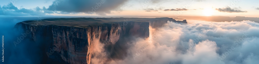 Fototapeta premium Aerial panorama of Mount Roraima s dramatic cliffs emerging from swirling clouds, with sunlight casting dynamic shadows on the landscape, in 4K resolution