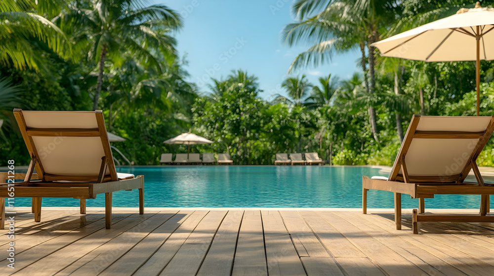 Two identical loungers in a resort hotel with palm trees and a pool in the background, depth of field, Two identical loungers in a resort hotel with palm trees and a pool in the background, depth of field,