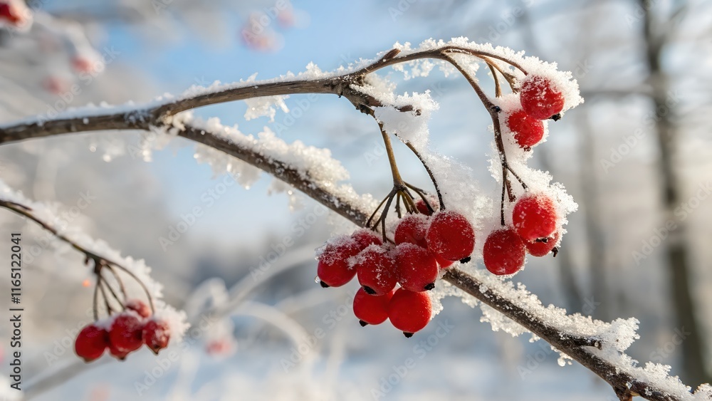 Frozen berries on a snow-covered branch. A winter wonderland scene with red berries dusted with frost, creating a beautiful contrast against the white snow and clear blue sky. Frozen berries on a snow-covered branch. A winter wonderland scene with red berries dusted with frost, creating a beautiful contrast against the white snow and clear blue sky.