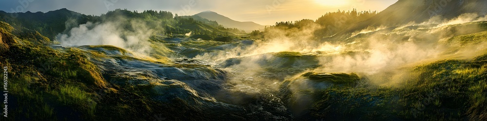 Panoramic view of the Valley of Geysers with vibrant green hills and steaming geothermal vents glowing under golden sunlight, in 4K resolution Panoramic view of the Valley of Geysers with vibrant green hills and steaming geothermal vents glowing under golden sunlight, in 4K resolution