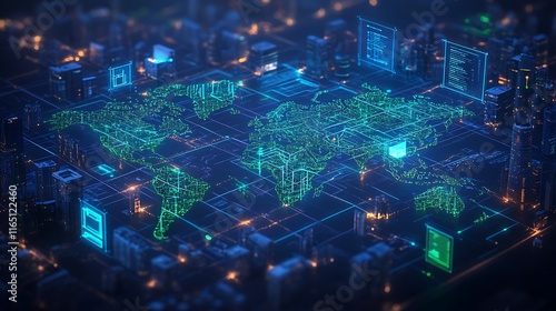 A conceptual global map showcasing a tech ecosystem, with dynamic glowing lines connecting innovation hubs, floating holographic visuals displaying tech data, vivid blue and green accents,