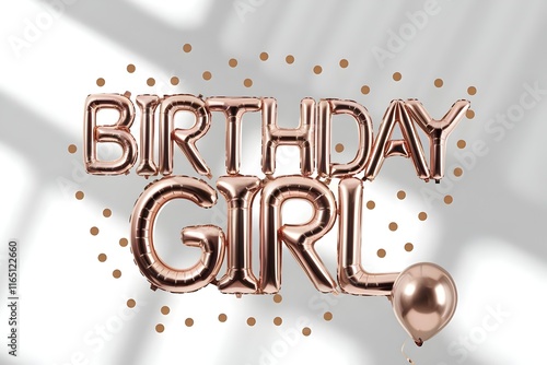 Birthday Girl banner in shiny rose gold foil balloon letters against a white background with scattered gold confetti dots. celebration, femininity concept. Ideal for birthday cards, party ddecoration. photo