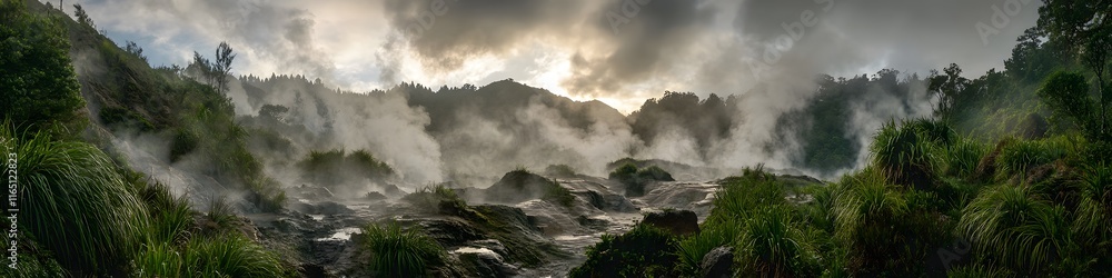 Wide-angle shot of steam rising dramatically from a series of geysers surrounded by lush vegetation, in 4K resolution Wide-angle shot of steam rising dramatically from a series of geysers surrounded by lush vegetation, in 4K resolution