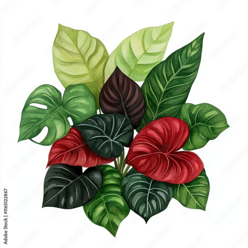 Obraz premium A vibrant arrangement of various leaves, showcasing shades of green, red, and dark hues, capturing the beauty of tropical foliage.