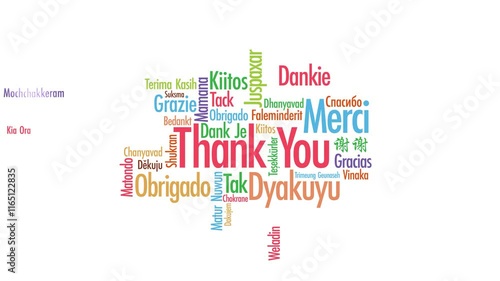 Thank you in all language flat animation motion graphic 4k on white background