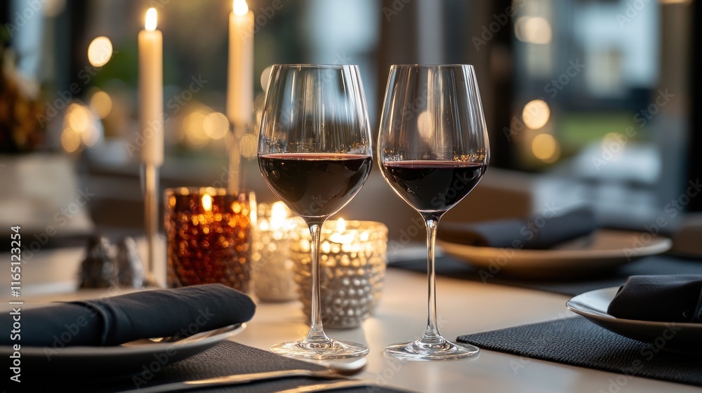 Two glasses of red wine on a romantic dinner table with candles. Two glasses of red wine on a romantic dinner table with candles.