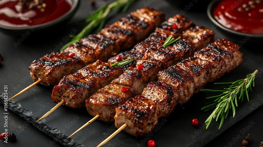 Grilled beef skewers with rosemary and two dipping sauces on a dark slate background. Grilled beef skewers with rosemary and two dipping sauces on a dark slate background.